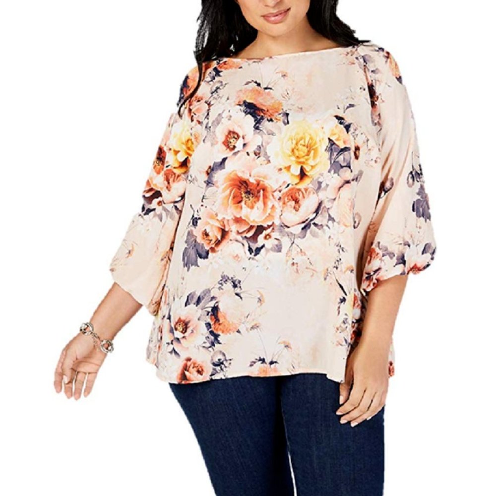 Charter Club Women's Plus 1X Textured Floral-Print Top Retail $89.50